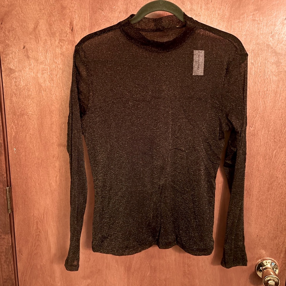 Banana Republic sheer sparkly Black & Gold Long Sleeve mock neck top size L